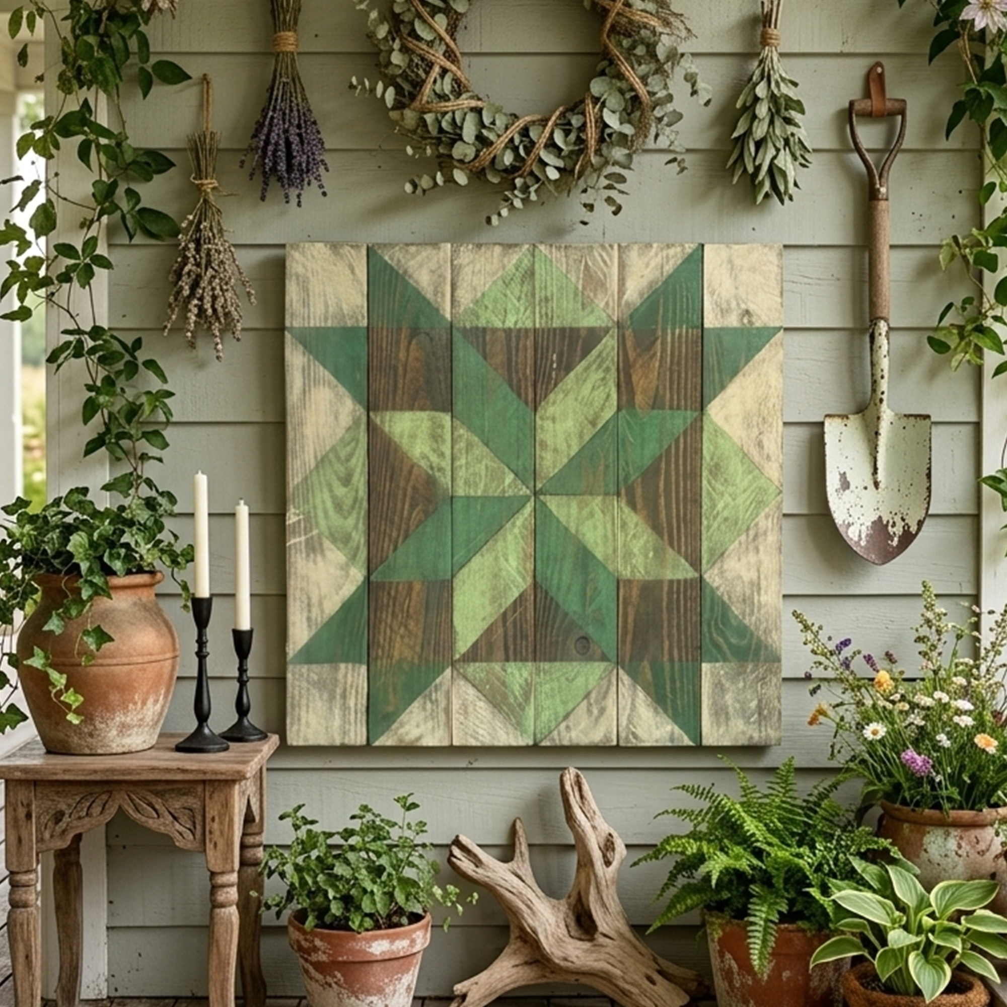 Happy customers displaying custom 33x33 hand-painted barn quilt in Franklin TN home